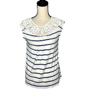 Skies Are Blue White Blue Stripe Sleeveless Lace Yoke Round Neck Top Size XS